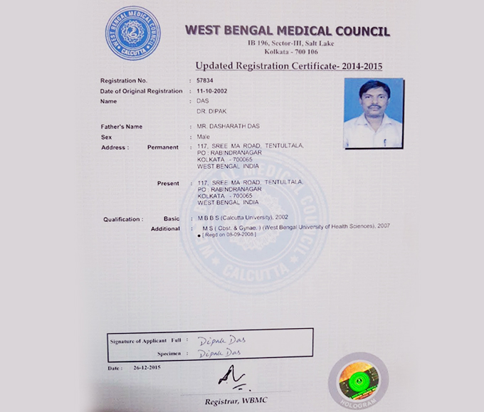 Dr. Dipak Das Certificate